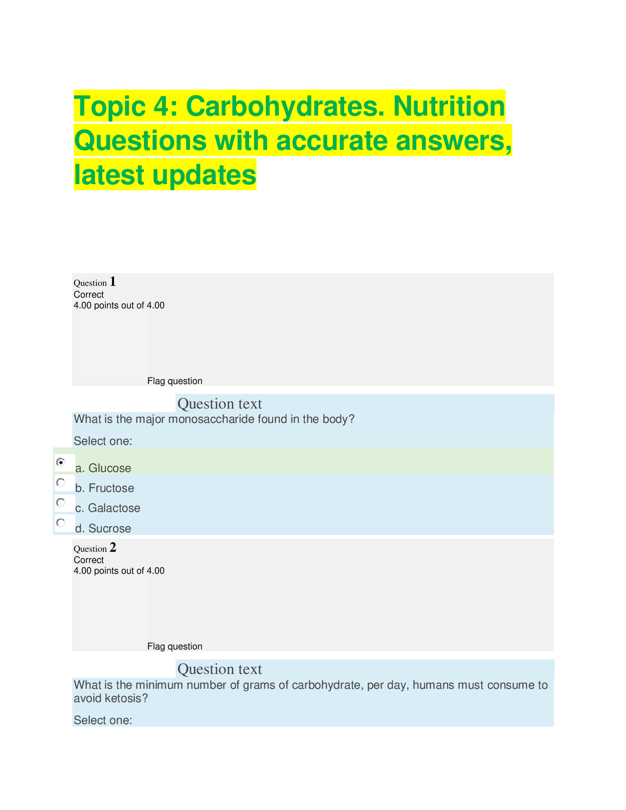 Preview image for Topic 4: Carbohydrates. Nutrition Questions with accurate answers, latest updates